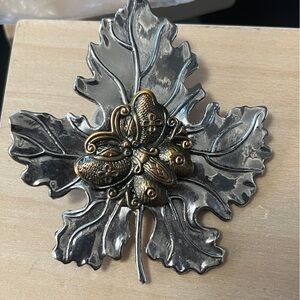 Vintage Stephen Dweck Silver Leaf Brooch with Gold Butterfly scarf clip